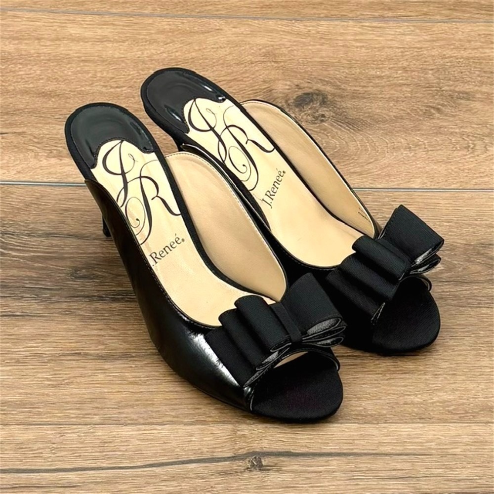 J‎ Renee Leopadro Heels Women's Size 11 Black Patent Bow Mule Peep Toe Pumps